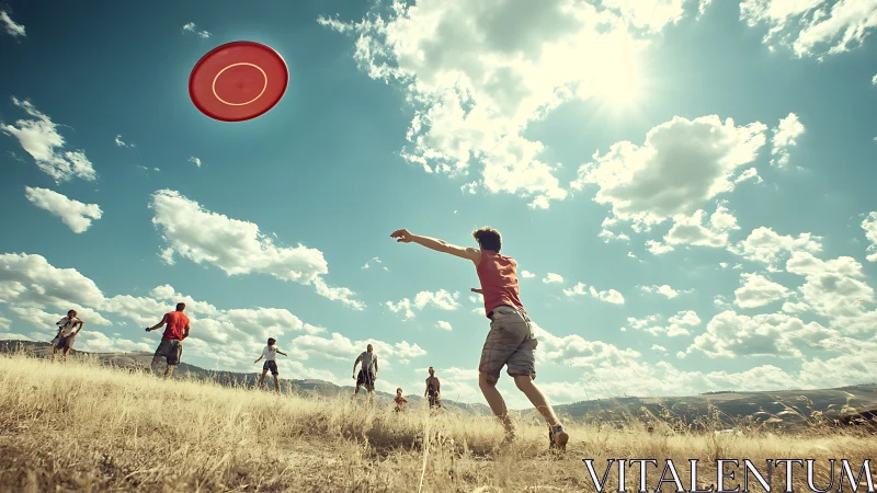 Wide-angle outdoor action shot of friends throwing frisbee.