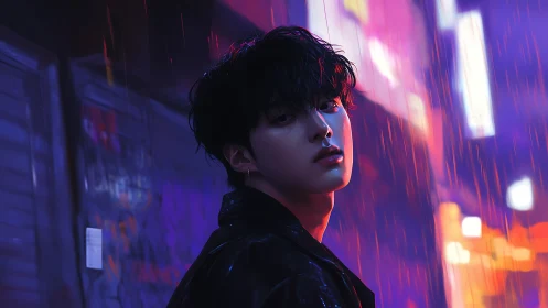 Moody young man in neon city rain at night.