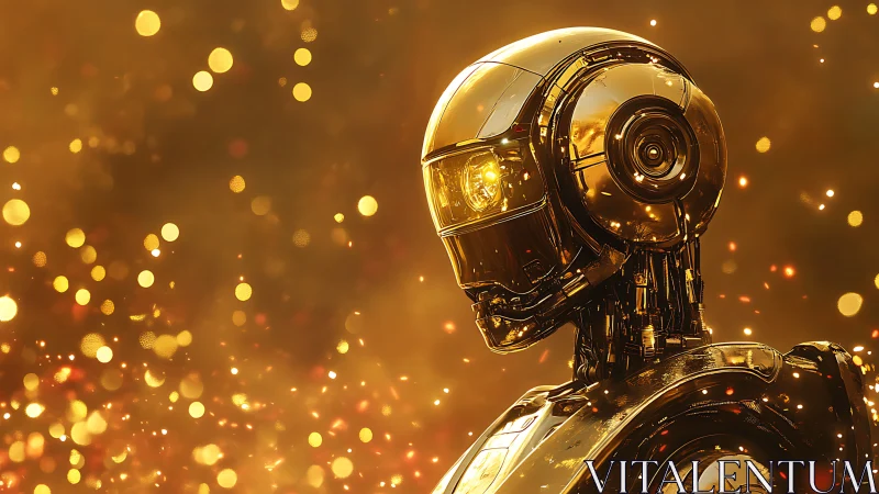 Luminous golden android portrait amid glowing bokeh field.