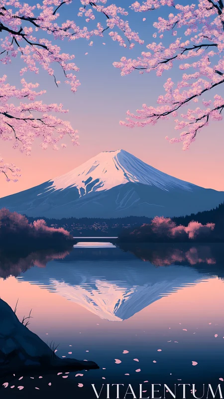 Snow-capped peak framed by cherry blossoms over lake reflection.