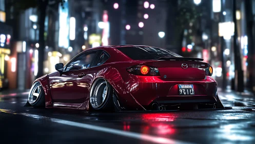 Stanced red Mazda coupe glows on slick neon city street at night.
