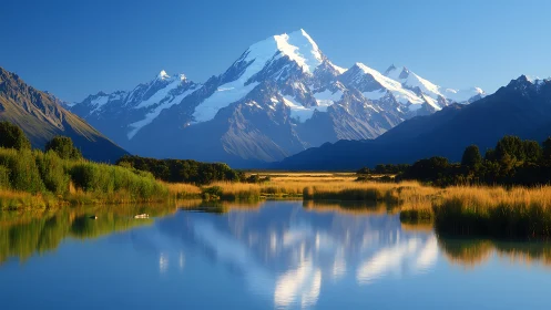 Snowy mountain range reflected in calm blue lake scene.