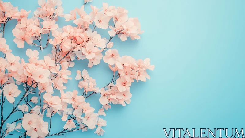 Soft-focus cherry blossoms form a diagonal on cyan ground