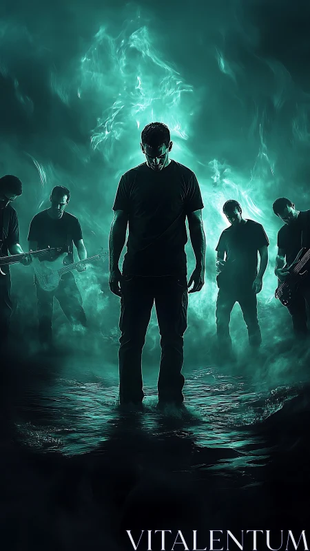 Rock band silhouettes in teal mist and reflective water.