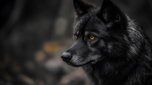 Black wolf portrait shows intense amber eyes in darkness.