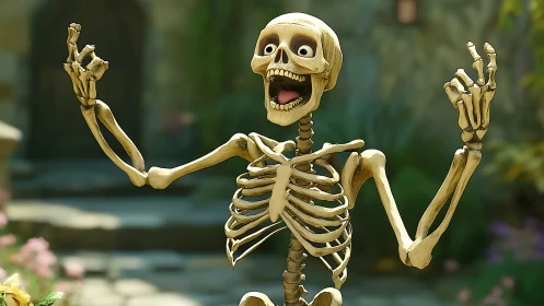 Expressive cartoon skeleton gesturing outdoors in soft focus