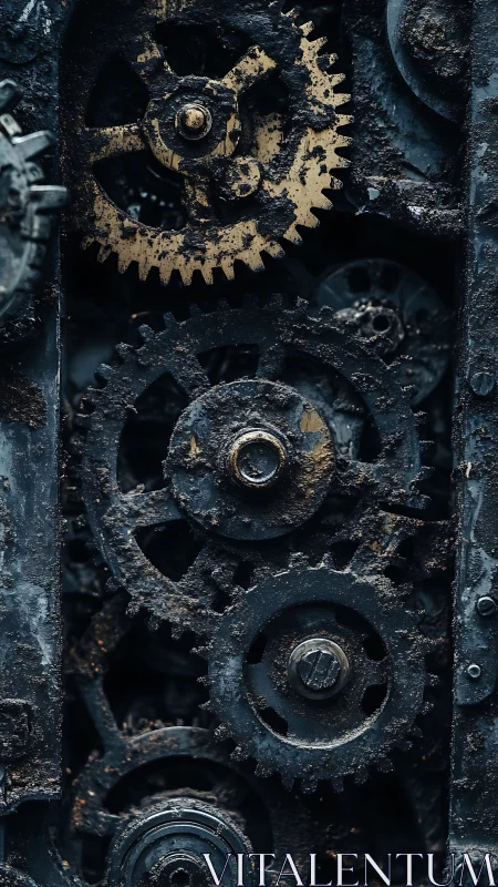 Corroded interlocking steel spur gears with oxidized patina