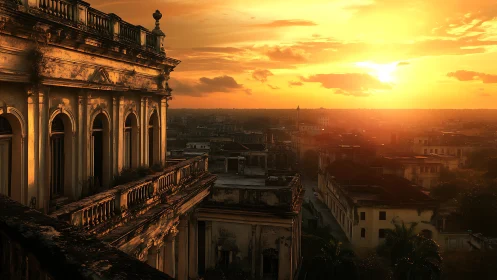 Sunlit colonial rooftop over weathered historic district at dusk.