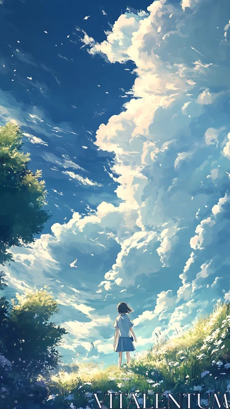 Solitary child on hillside beneath extensive cumulus sky.