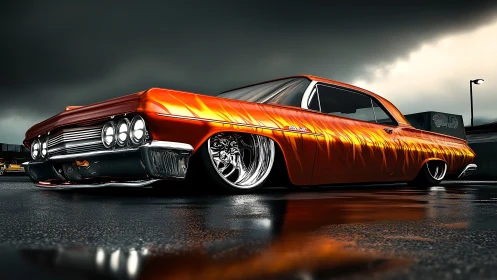 Lowrider muscle car with orange flame paint under storm clouds.