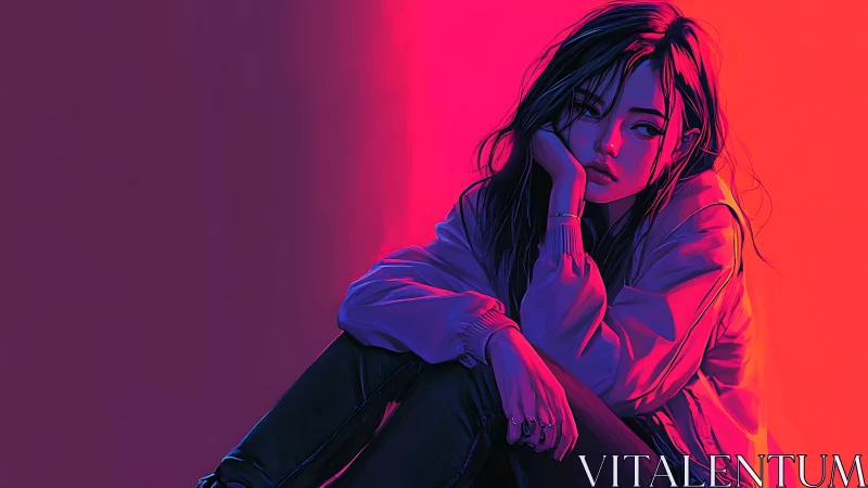 Neon-lit introspective girl in moody cyberpunk hues.