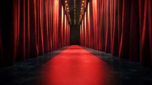 Red carpet corridor with dramatic stage curtains perspective.