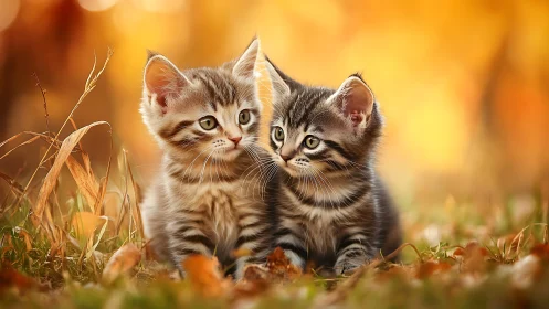 Two tabby kittens in autumn grass with warm golden light.