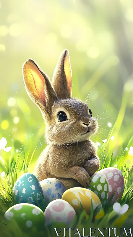Digital painting of spring rabbit with decorative Easter eggs.