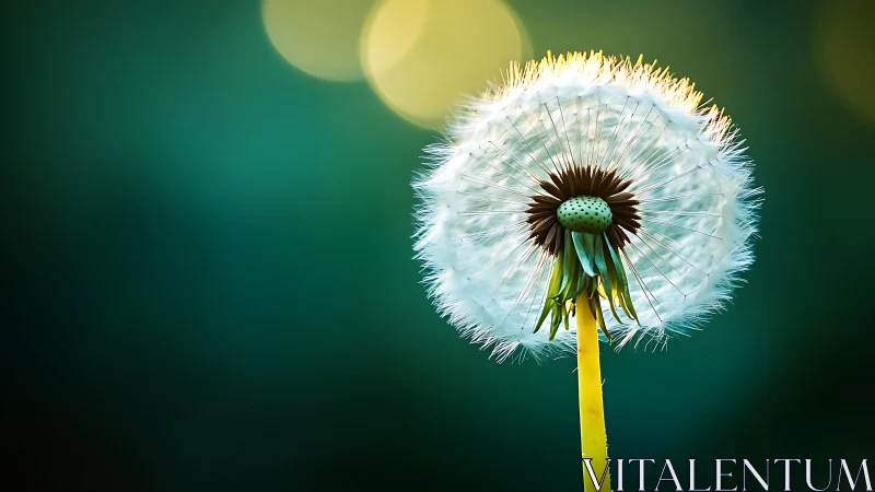 Dandelion seed head stands against blurred green background