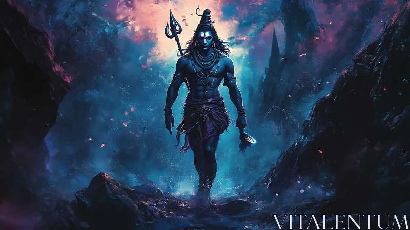 Blue divine warrior strides through glowing cosmic ravine