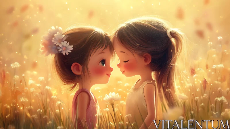 Two Girls in Golden Flower Field Sharing Intimate Moment.