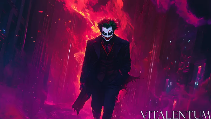 Laughing stormwalker strides through neon inferno streets.