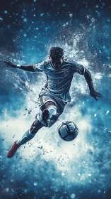 Electric soccer leap through swirling blue stadium light.