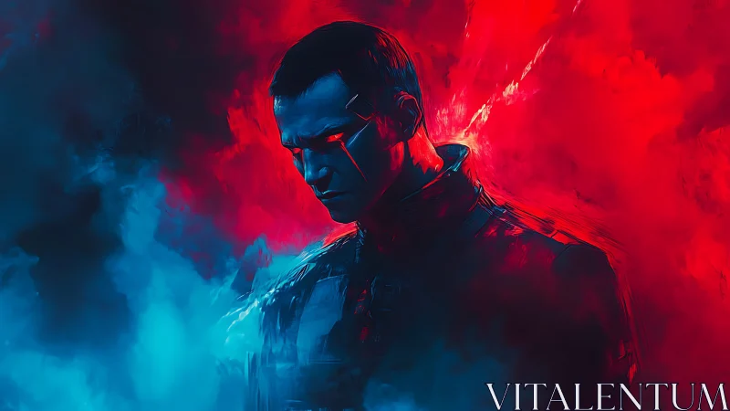 Cybernetic sentinel in bifurcated red cyan atmospheric field.