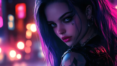 Neon alley rebel girl under electric midnight city glow.
