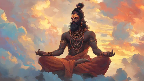 Serene sky yogi resting in warm sunset clouds of peace.