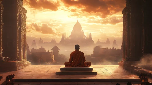 Backlit monk observes tiered temple skyline under volumetric sunrise