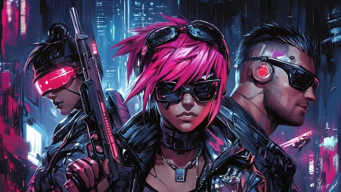 Neon cyberpunk trio stands united in a rain soaked megacity