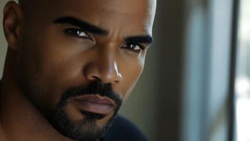 Hyperreal male portrait renders intense gaze with soft bokeh