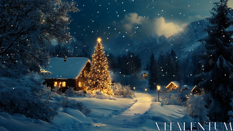 Snowy alpine village glows under winter night sky.