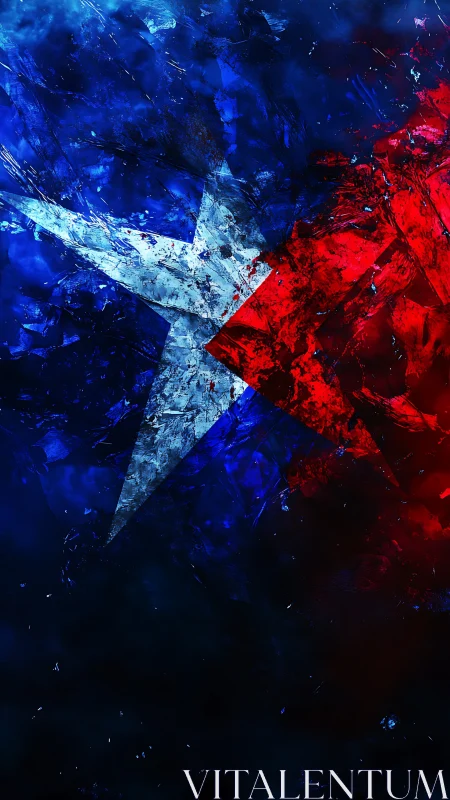 Abstract blue and red star with textured paint effect.