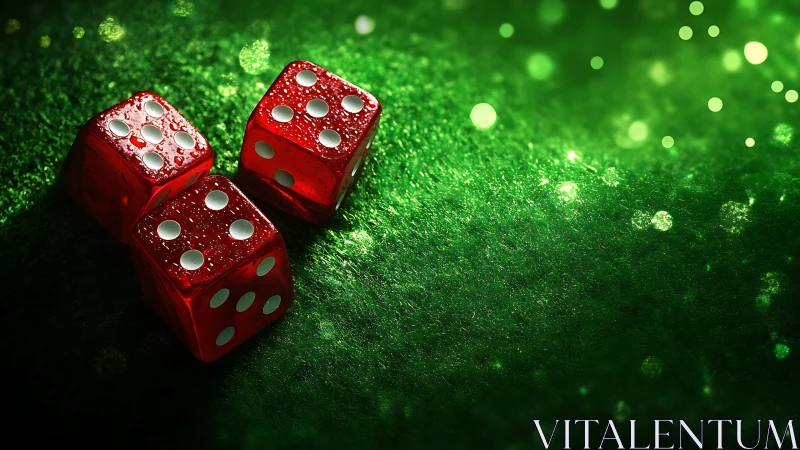 Red casino dice glow on vibrant green felt under lights