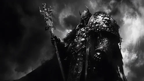 Armored warlord stands in skull plate armor under storm clouds