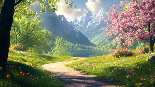 Sunlit spring path winding toward lake and mountains.