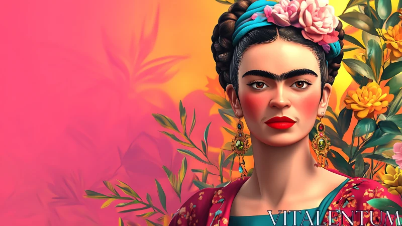 Colorful digital portrait of woman with floral background.