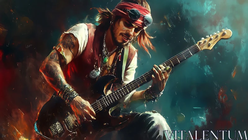 Flame‑lit bohemian guitarist in dynamic digital portrait