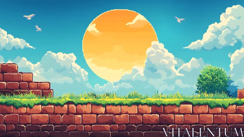 Pixel sunrise over grass platform and stone ruins.