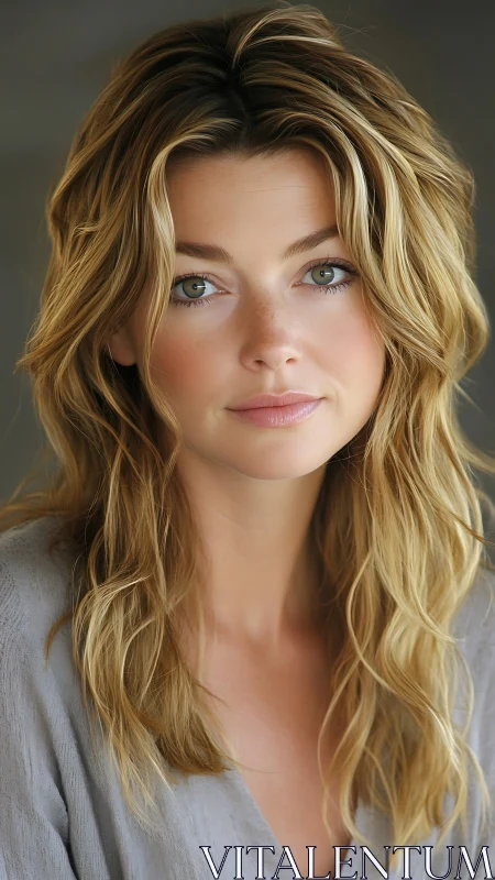 Portrait of young woman with wavy blonde hair and calm gaze.