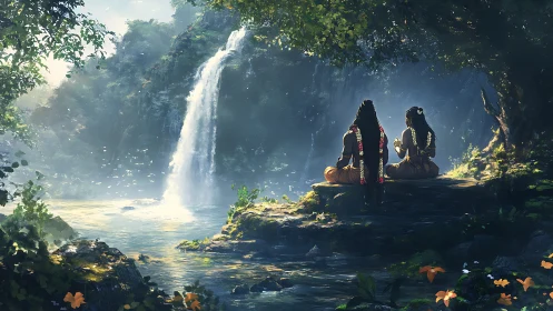 Meditating figures observe sunlit jungle waterfall pool