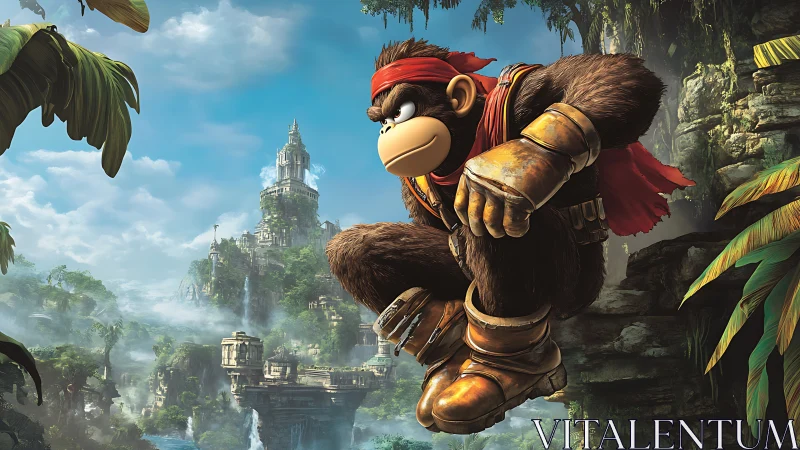 Armored jungle ape poised above misty temple ruins.