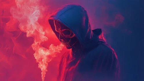 Hooded skeletal figure in red smoke against blue background.