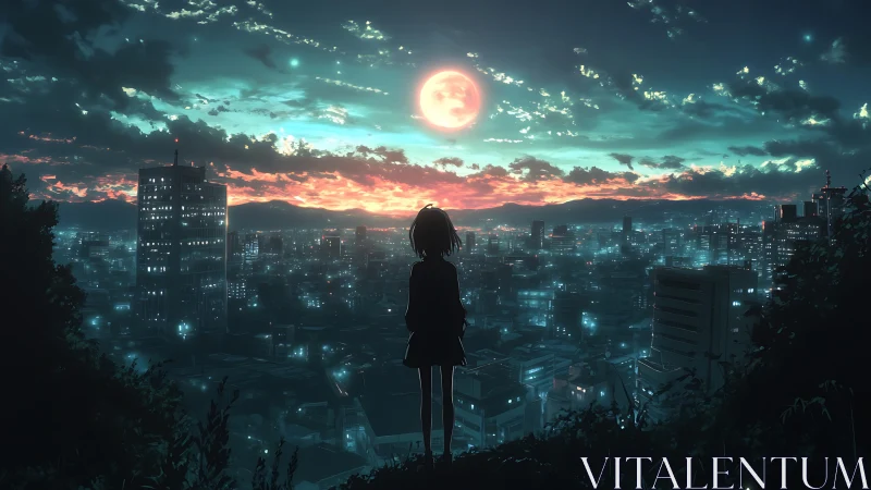 Lone girl watches neon city glow beneath a rising crimson moon.