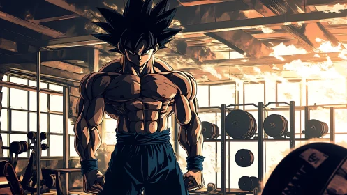 Anime warrior trains intensely in sunlit industrial gym.