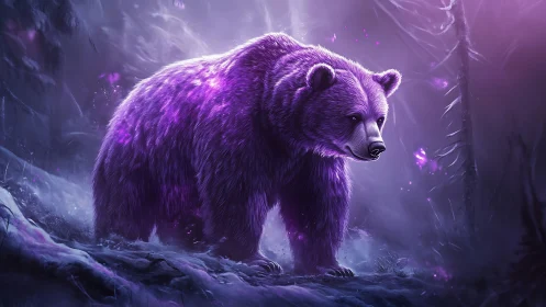 Luminous violet bear roaming enchanted winter forest.