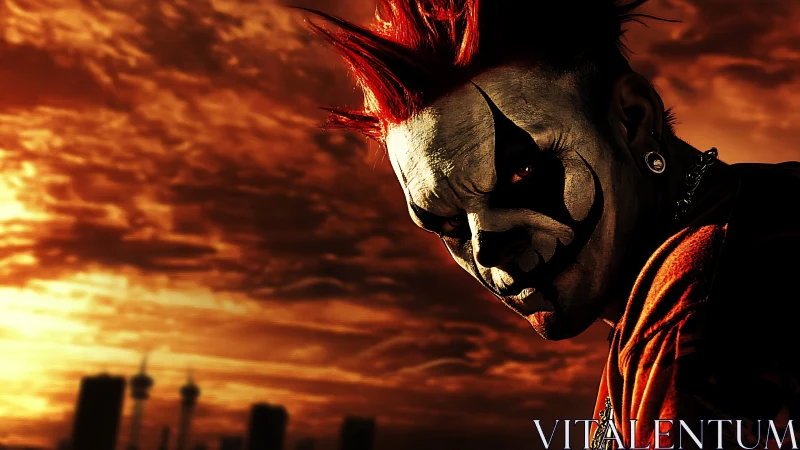Twisted clown glare carves red shadows into the burning sky
