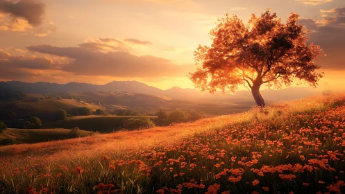 Golden sunset tree overlooking a peaceful flowered valley.