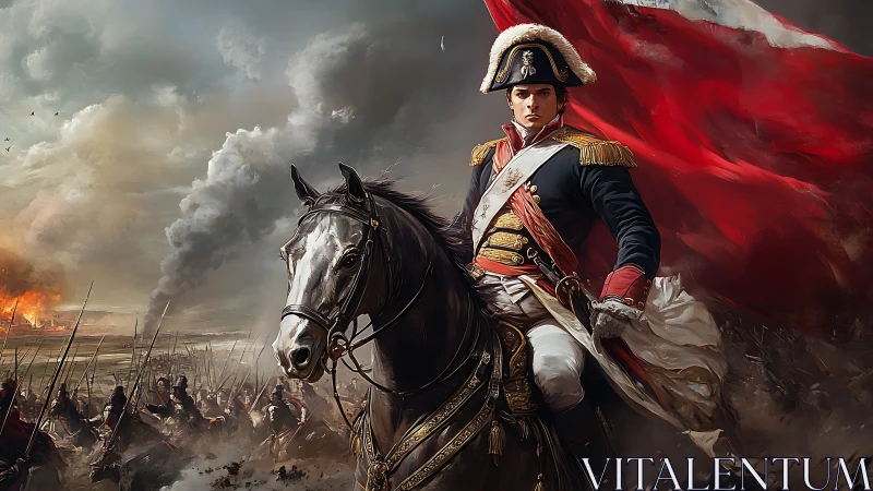 Napoleonic cavalry officer rides through dense battlefield smoke