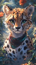 Anthropomorphic cheetah portrait in floral bokeh lighting
