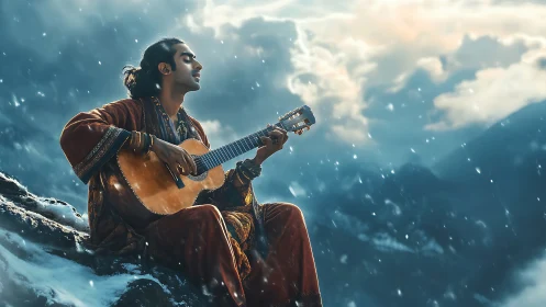 Digital painting of hillside guitarist in atmospheric snowfall.