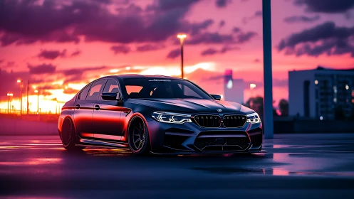 Low-angle render of tuned sedan under high-saturation sunset sky